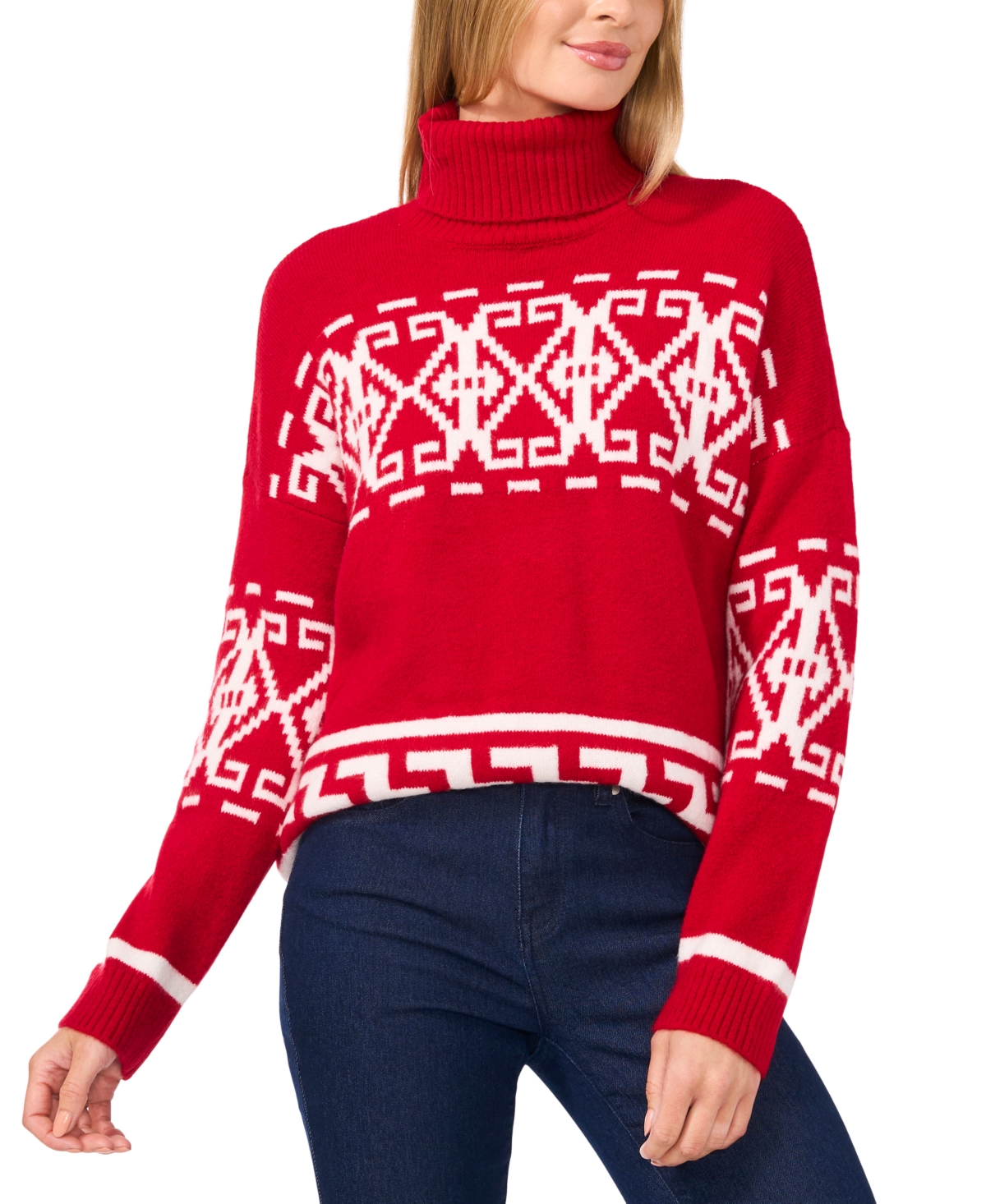Cece Fair Isle Turtleneck Sweater In Glamour Red
