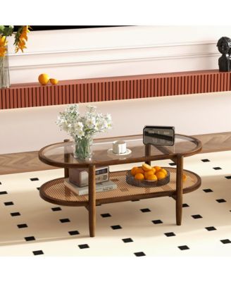 2-Tier Coffee Table Tempered Glass Top with PE Rattan Shelf & Acacia Wood Frame