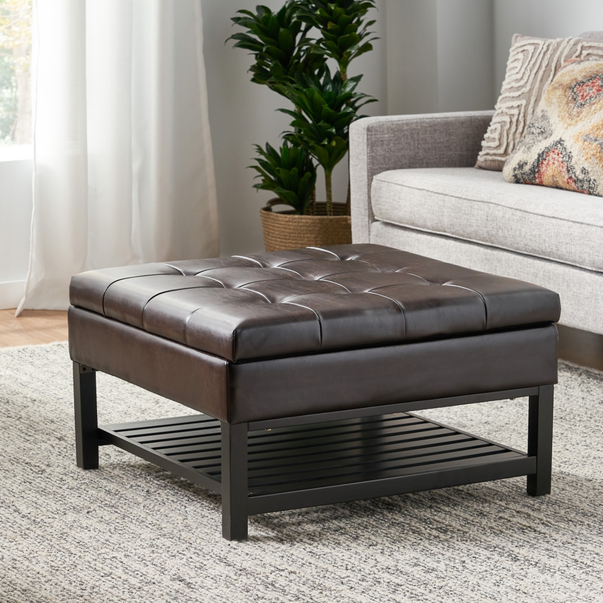 Finn Bonded Leather Ottoman With Storage And Rack