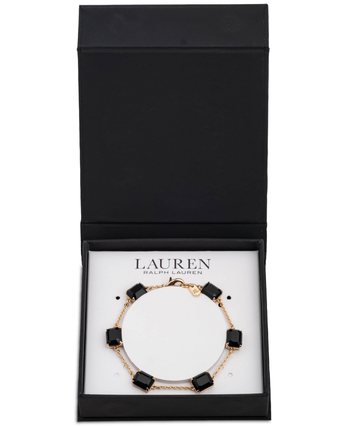 Gold-Tone Square Stone & Fine Chain Link Bracelet - Jet