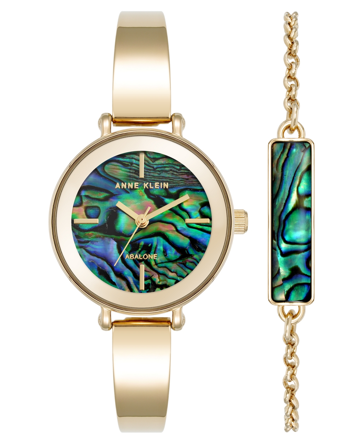 Anne Klein Women's Quartz Round Abalone Gemstone Gold-tone Alloy Metal Bangle Watch Set, 30mm In Blue,green,gold-tone