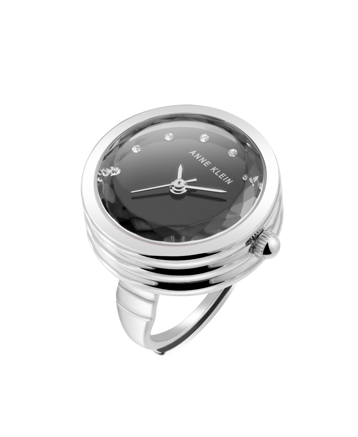Women's Quartz Faceted Crystal Silver-Tone Alloy Metal Ring Watch, 20mm - Black/Silver-Tone