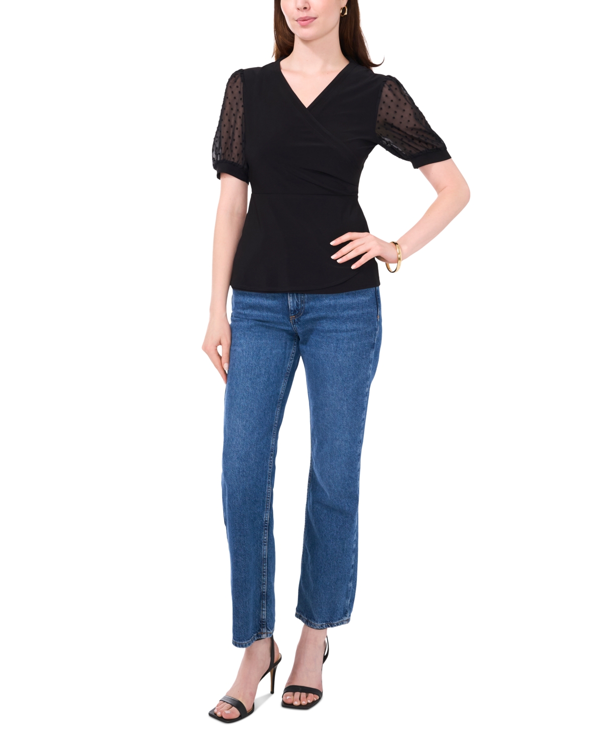 Sam & Jess Women's Wrap-Front Sheer Puff-Sleeve Top