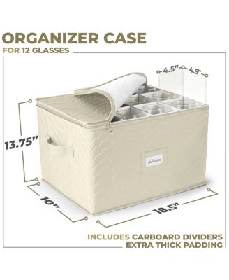 Quilted Glassware Storage Case with Dividers - Holds 12 - Great for Protecting Wine Glasses, Champagne Flutes, Goblets, and more (Beige)
