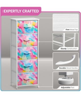 5-Pc Steel Frame Dresser with Wood Top & Fabric Bins – Narrow Storage Nightstand for Home & Office