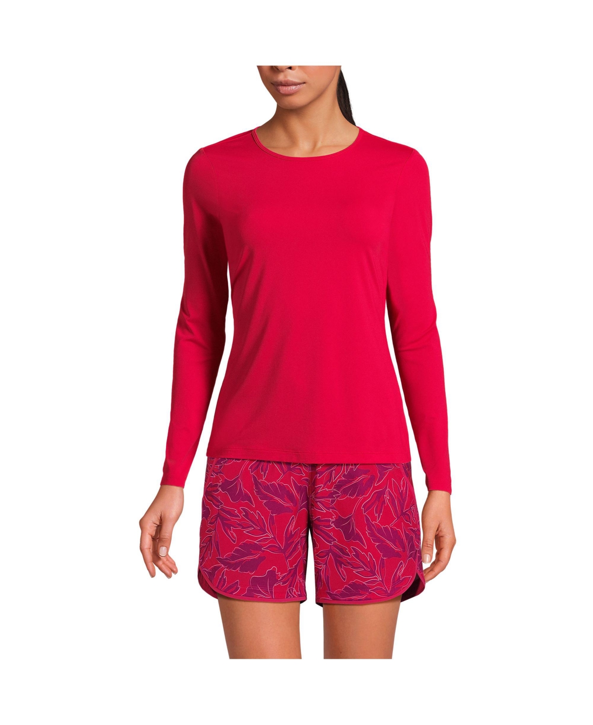 Women's Crew Neck Long Sleeve Rash Guard Upf 50 Sun Protection Modest Swim Tee - Scarlet