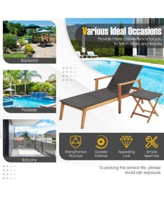 2PCS Patio Lounge Chair Adjustable Recliner Chair Acacia Wood Frame Folding Table Set