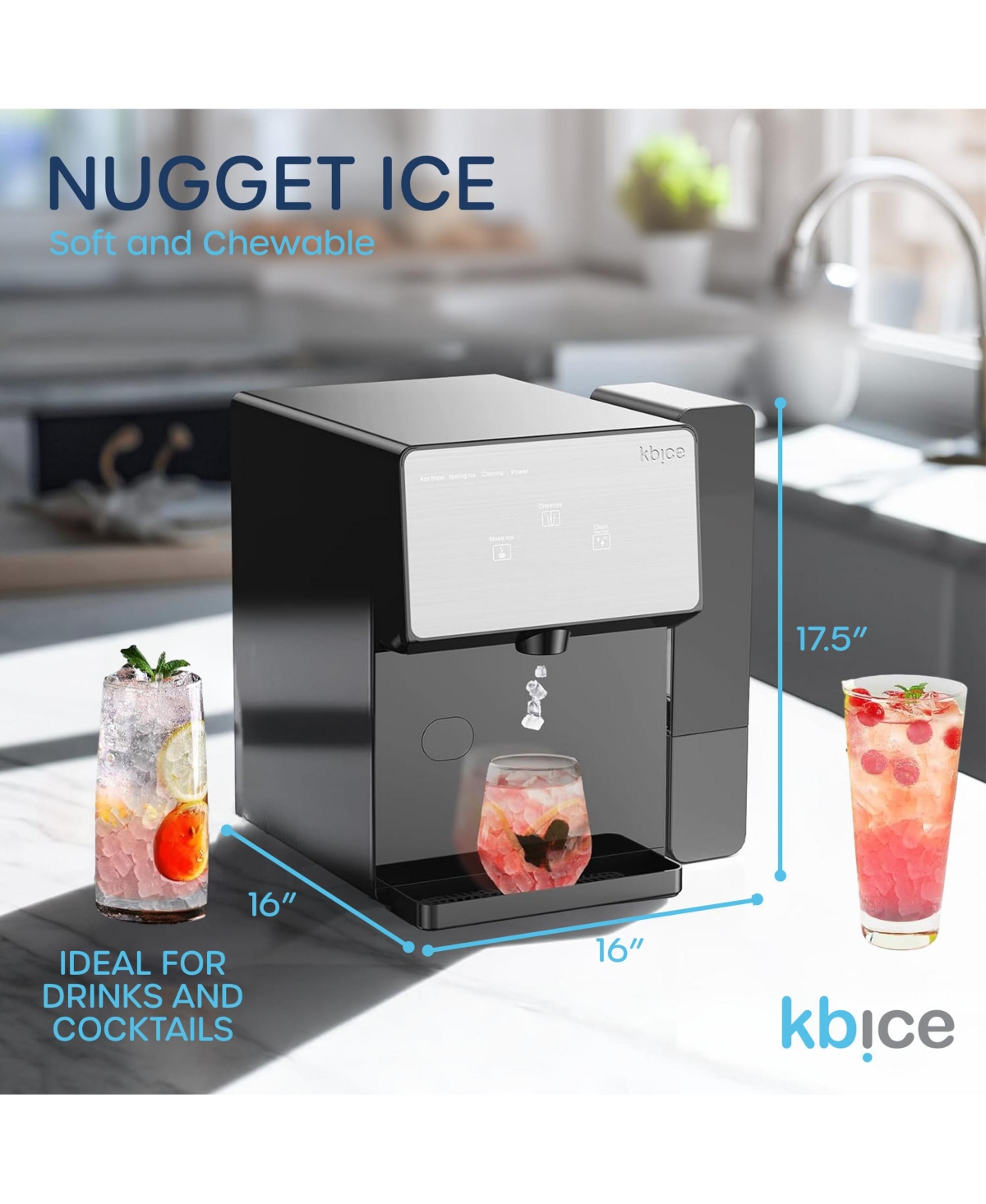 KBice 3.0 Countertop Nugget Ice Maker with Soft Chewable Ice, 32lbs in 24Hrs, Led Touch Panel, Self-Cleaning Ice Maker with Automatic Dispensing - Bla