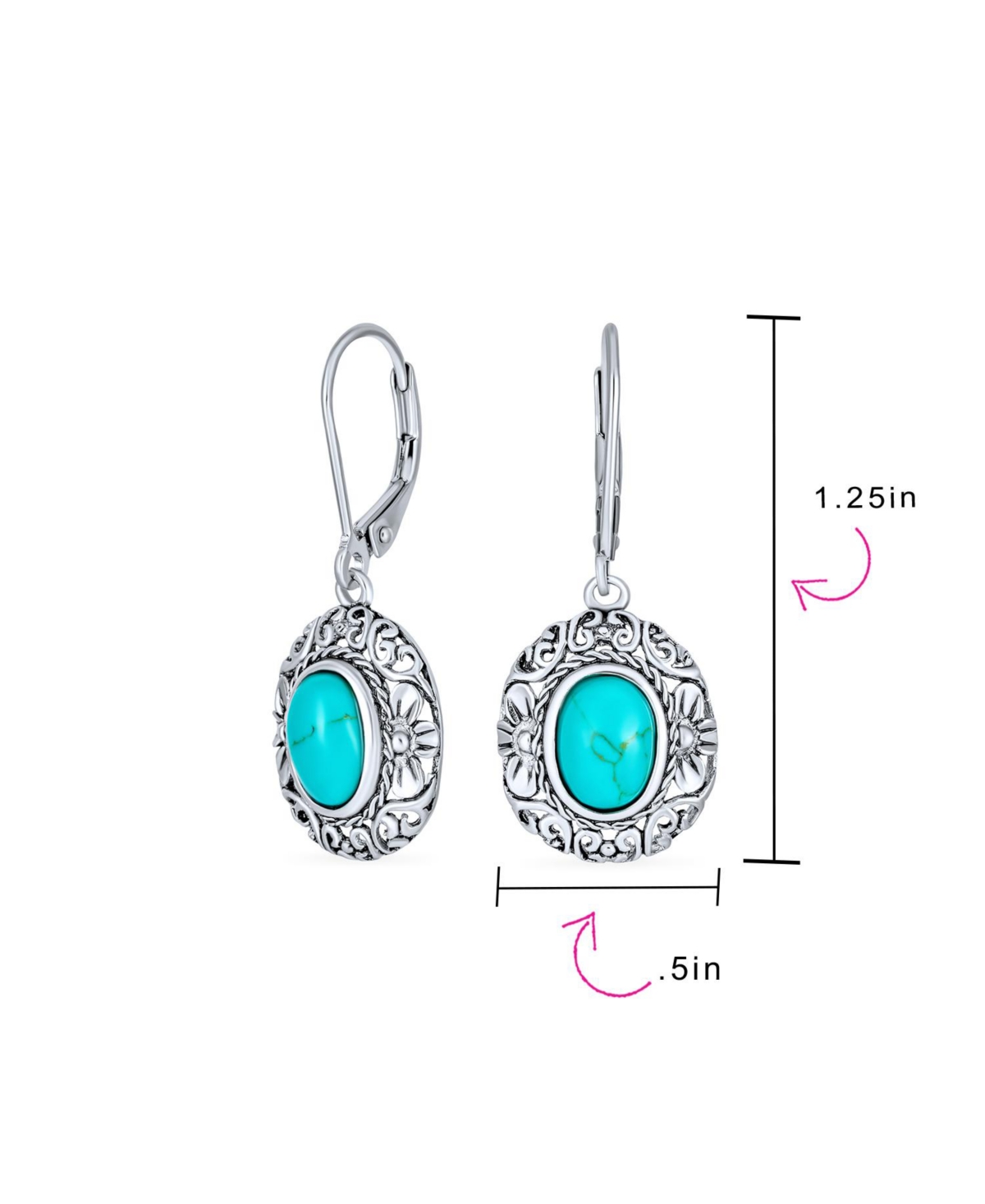 Bling Jewelry Floral Scroll Milgrain Blue Natural Turquoise Dome Oval Dangle Drops Earrings For Women Lever Back Oxidized Sterling Silver