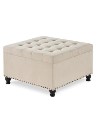 Beige upholstered storage ottoman with wooden legs