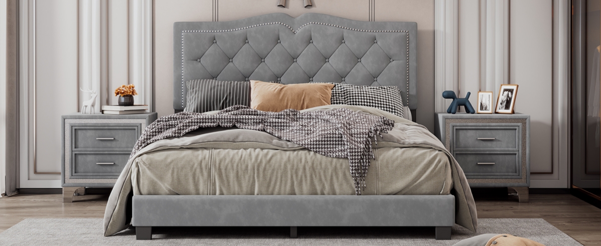 Streamdale Furniture Size Upholstered Bed Frame With Rivet Design, Modern Velvet Platform Bed With Tufted Headboard