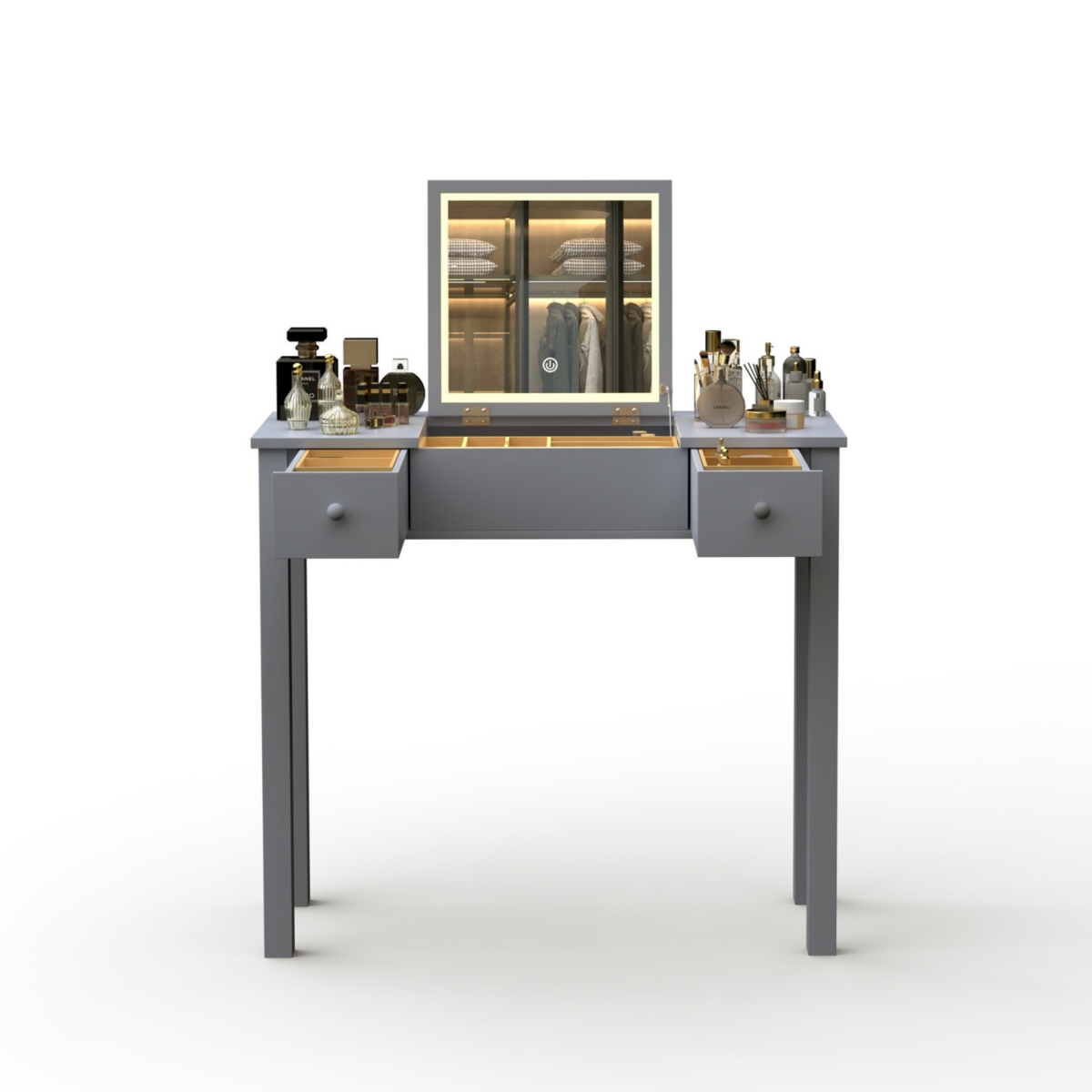 Simplie Fun Grey Vanity Table with Led Lights, Flip-Top Mirror, and Jewelry Storage