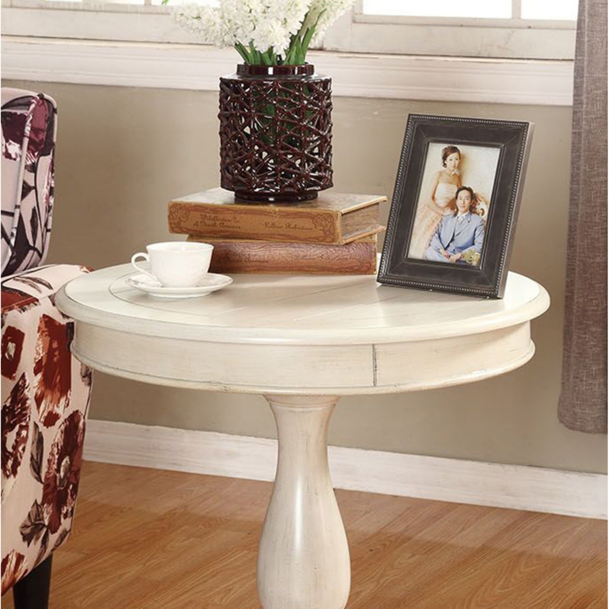 Streamdale Furniture Round Wood Pedestal Side Table, White