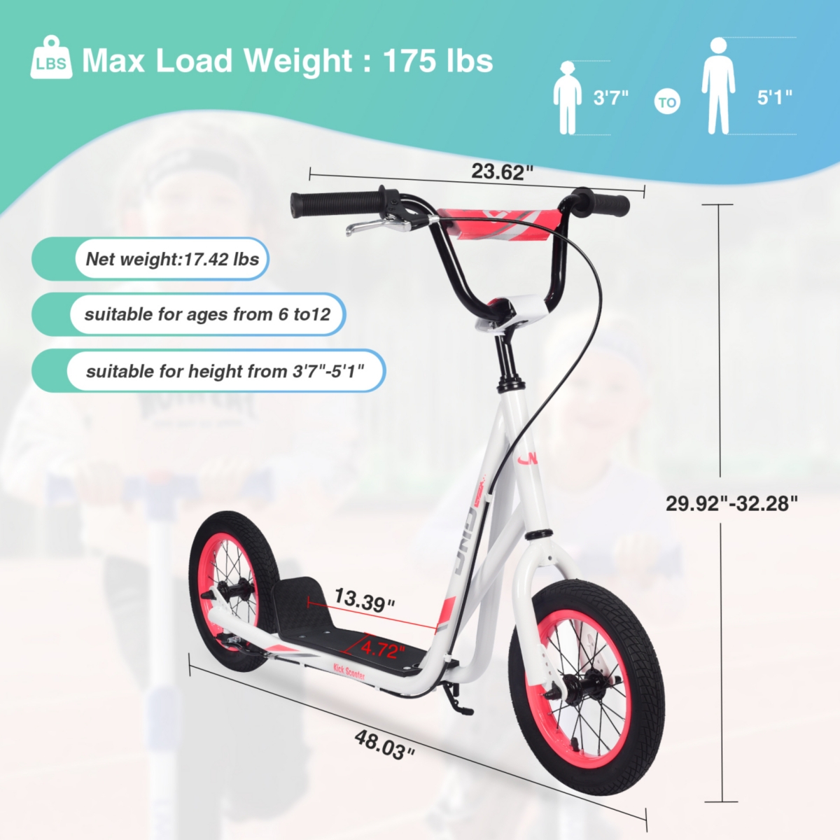 Streamdale Furniture Kids Kick Scooter with Adjustable Handlebar, 12