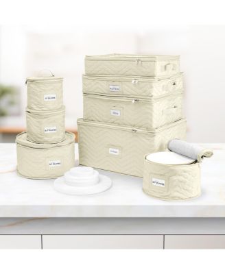 8 Piece Quilted China Dinnerware Storage Cases - for Dinnerware, Mugs, Cups (Beige)
