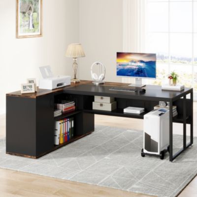 71 inch Executive Desk, L Shaped Desk with Cabinet Storage, Executive Office Desk with Shelves for Home Office