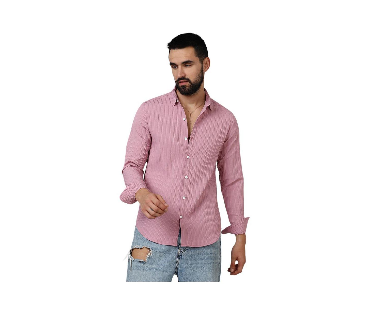 Мужская рубашка Cahoot Campus Sutra Salmon Pink Self-Design Striped, цвет: Розовый — фото 1