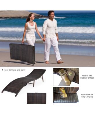 Set of 2 Folding Wicker Chaise Portable Lounge Chair w/ Double Sided Cushion