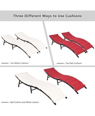 Set of 2 Folding Wicker Chaise Portable Lounge Chair w/ Double Sided Cushion