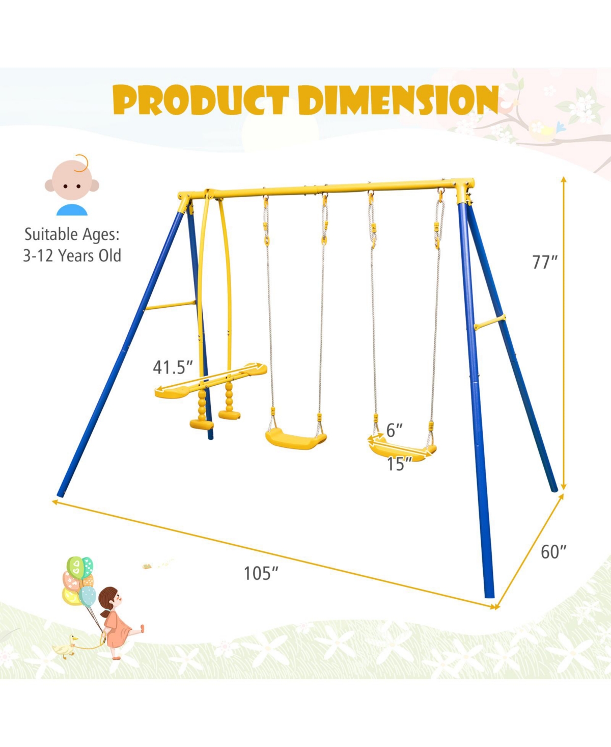 Sugift Boys Metal Swing Set for Backyard with Swing Seats and Glider Seats