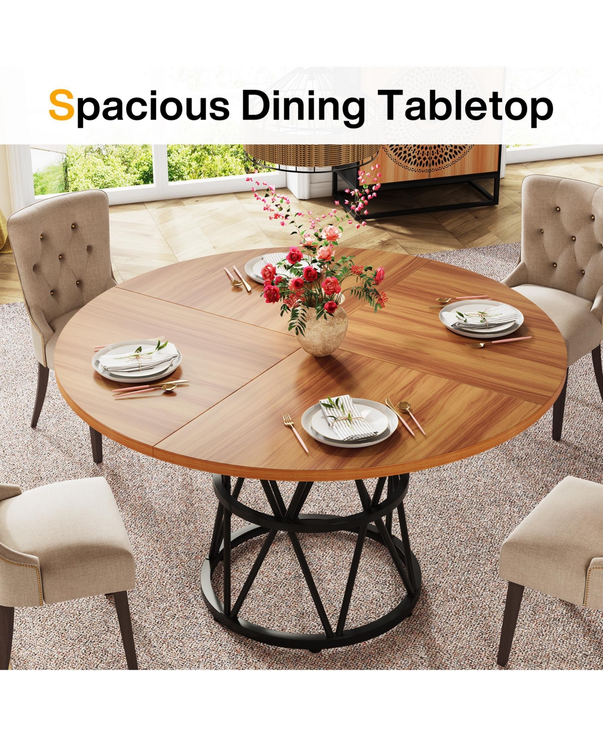 Tribesigns Round Dining Table for 4, Inches Kitchen Table Circle Dinner Table, Wood Dining Room Table for Kitchen Living Room, Metal Base