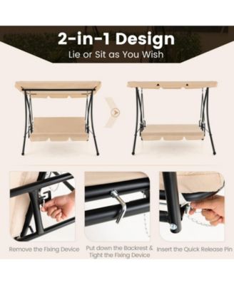 2-Seat Outdoor Convertible Swing Chair with Flat Bed and Adjustable Canopy