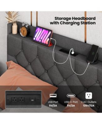 Floating Bed Frame with LED and Headboard and Charging Station