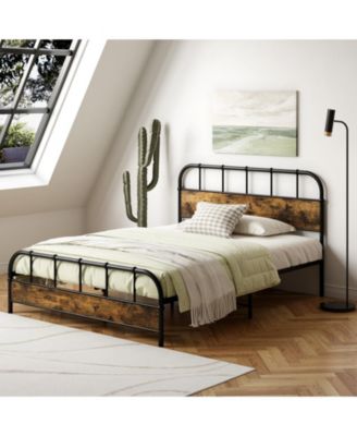 Queen Size Industrial Metal Platform Bed Frame with Headboard Mattress Foundation-Coffee
