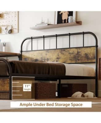 Queen Size Industrial Metal Platform Bed Frame with Headboard Mattress Foundation-Coffee