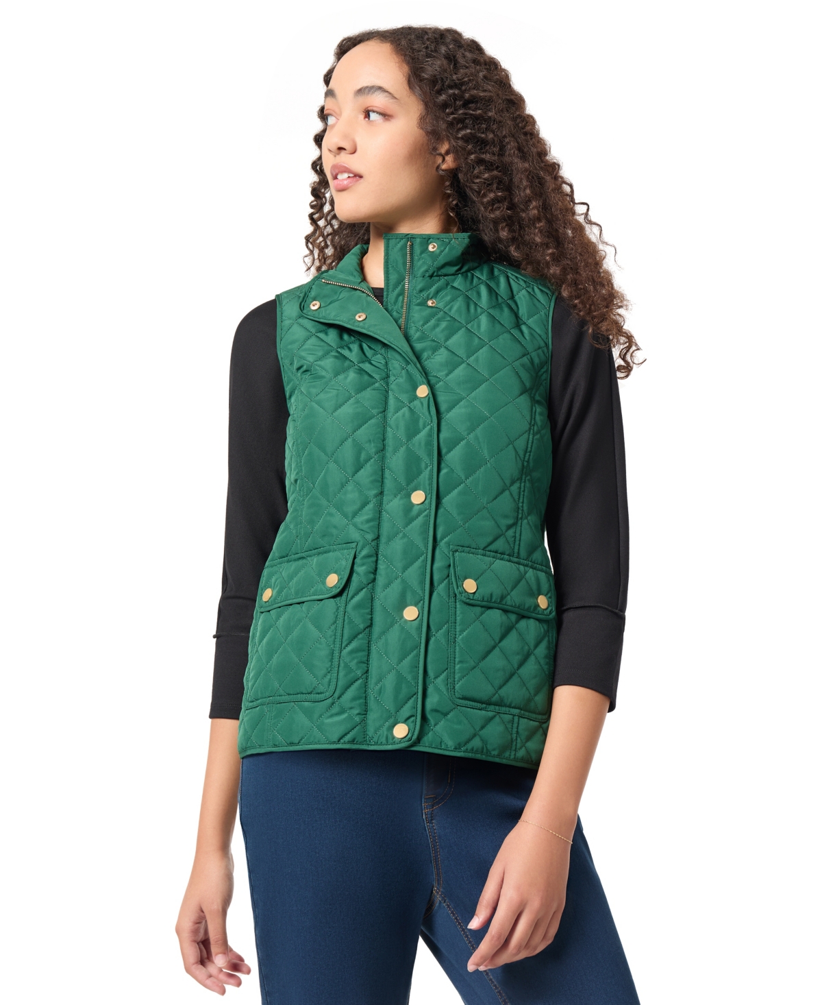 Jones New York Women's Quilted Patch Pocket Vest with Snaps Zipper