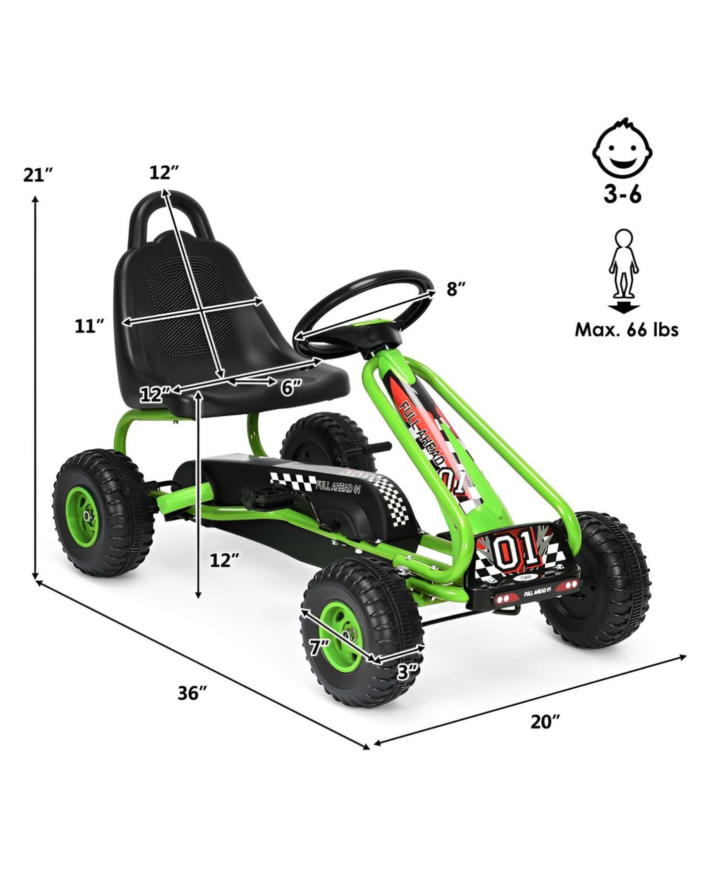 Детская игрушка SKONYON 4-Wheel Pedal Powered Ride-On Car with Adjustable Seat, 66 lbs Capacity, 3–6 лет, цвет: Зелёный — фото 4
