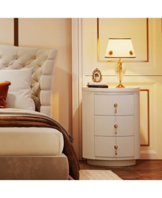 Nightstand with 3 Drawers, No Assembly Bedside Table Night Stand, Modern Round End Side Table with Storage and Gold Handles, White