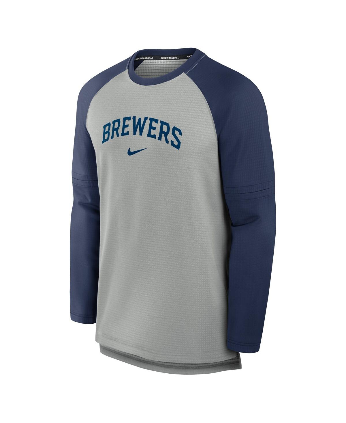 Nike Men'sNavy Milwaukee Brewers Authentic Collection Game Time Raglan Performance Long Sleeve T-Shirt - Heather Gray