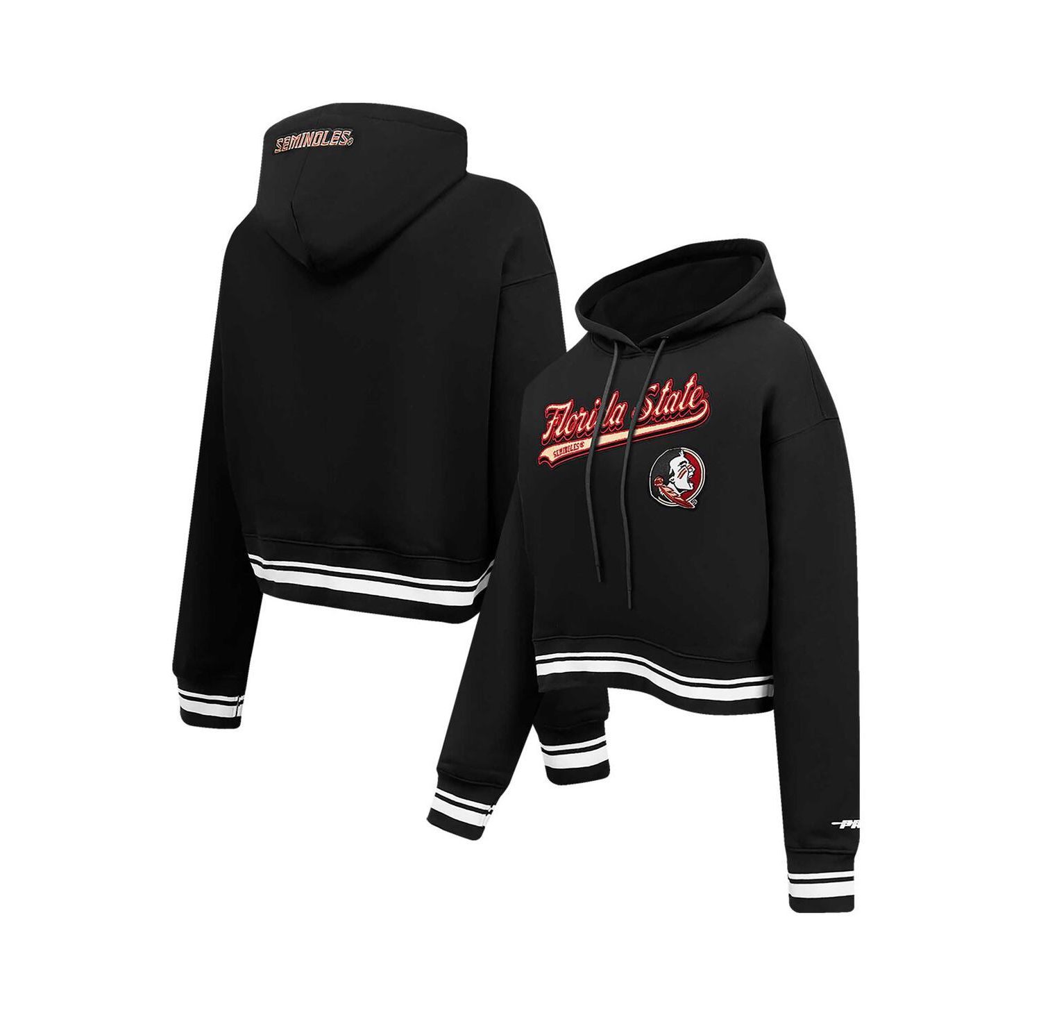 Women's Black Florida State Seminoles Script Tail Fleece Cropped Pullover Hoodie