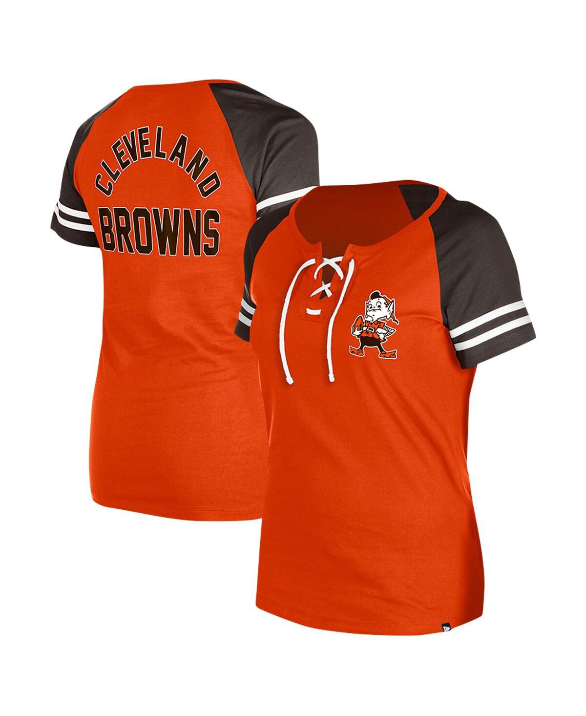 NEW ERA WOMEN'S ORANGE CLEVELAND BROWNS THROWBACK LACE-UP RAGLAN T-SHIRT 