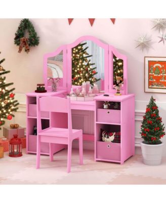 Kids Vanity Table &amp; Chair Set 2-in-1 Princess Pretend Play Makeup Vanity Set