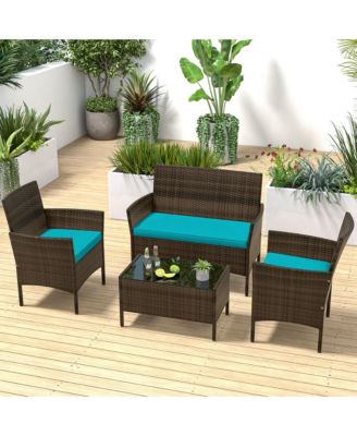 8 PCS Patio Furniture Set with Washable Cushions and Tempered Glass Coffee Table