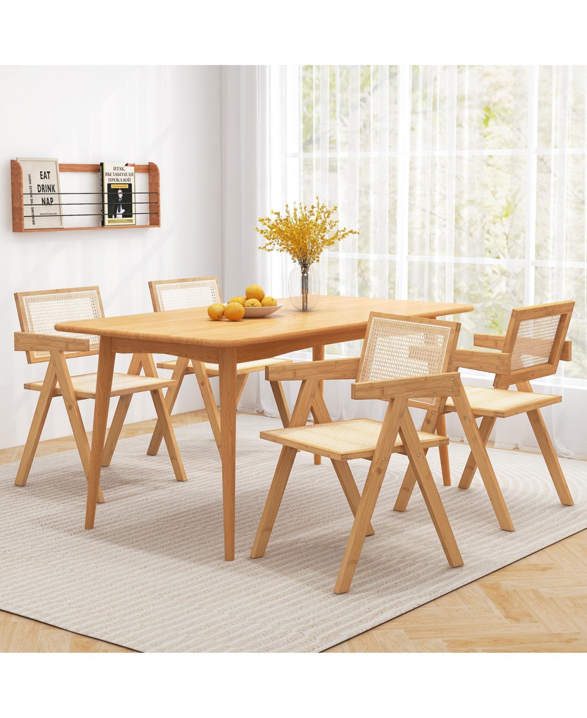 Costway Set of 4 Rattan Accent Chairs Mid Century Dining Armchair Bamboo Frame Kitchen