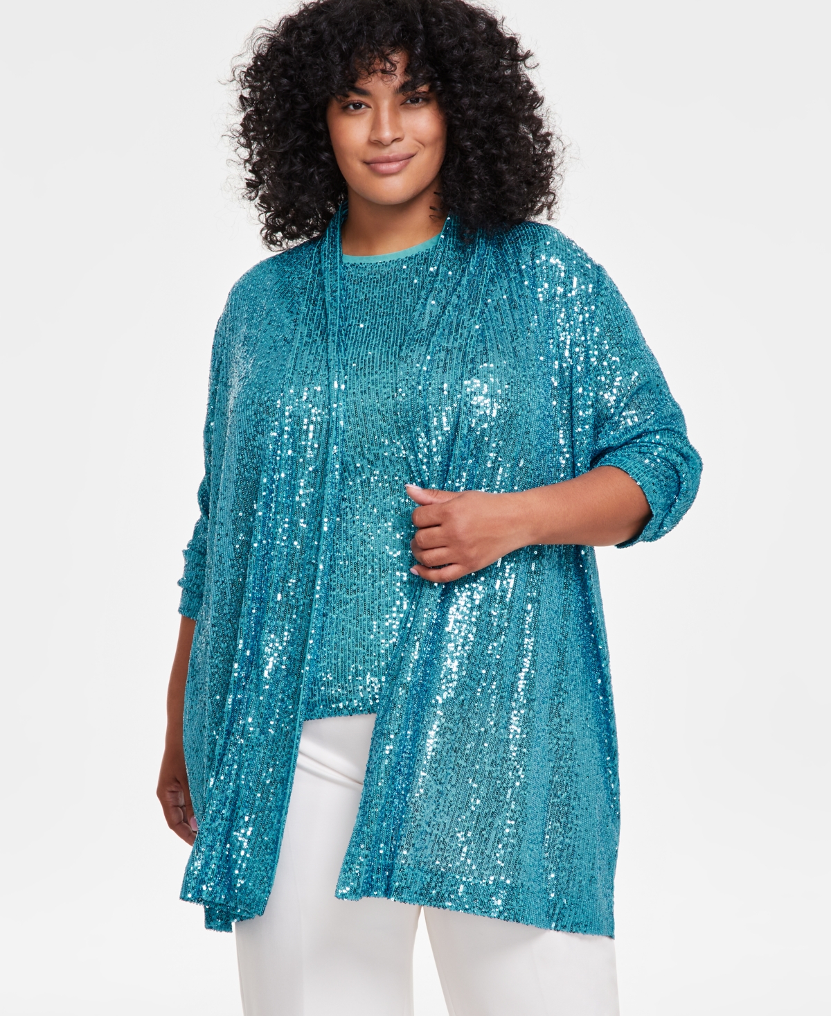 Shop Anne Klein Plus Size Sequined Draped-front Cardigan Jacket In Pool Blue