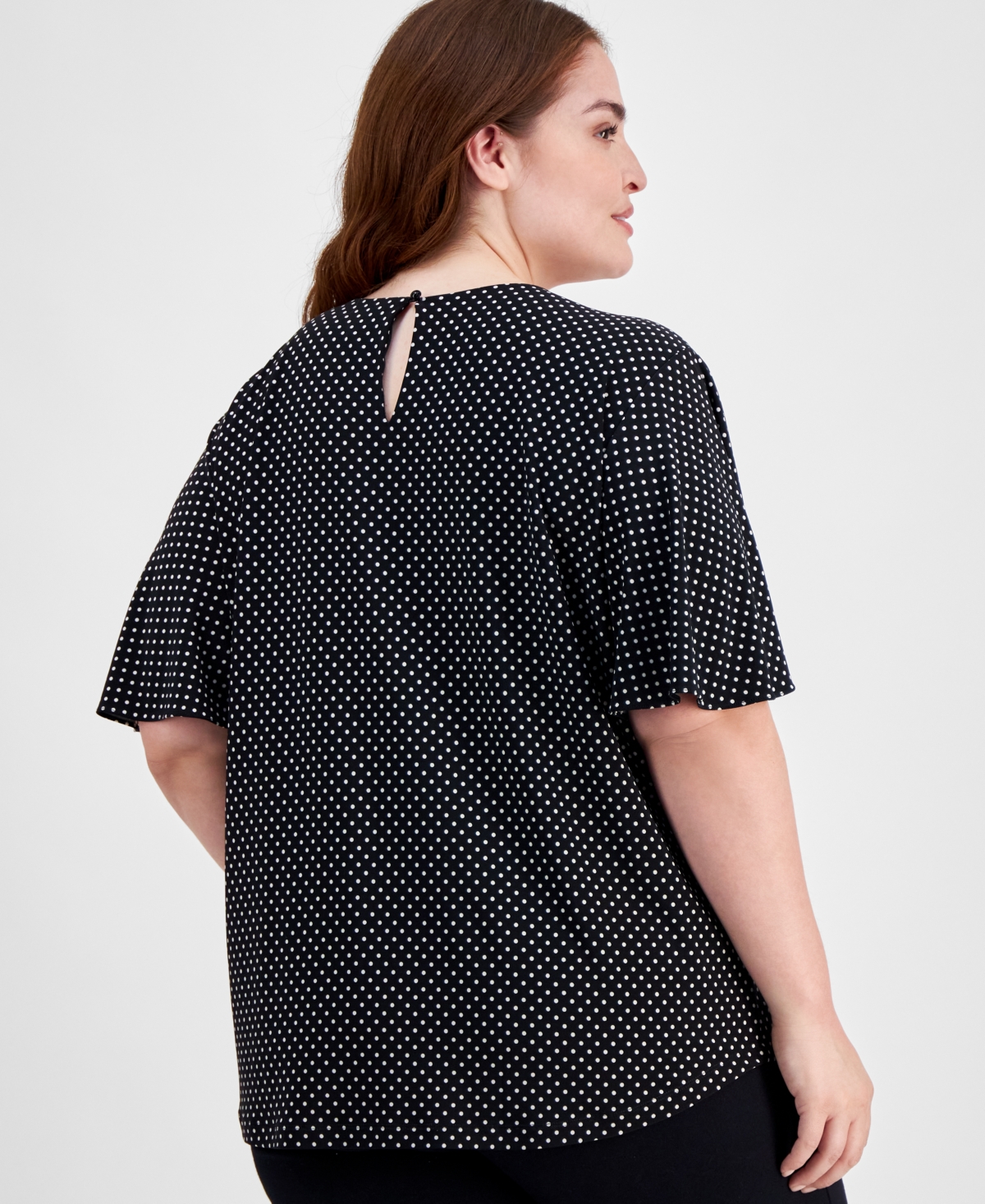 Anne Klein Plus Size Dot-Print Cut-Out Pleated-Neck Top, Created for Macy's
