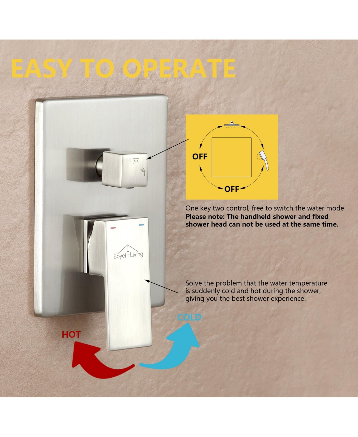 Boyel Living 3-Spray Patterns with 2.5 Gpm in. Wall Mount Dual Shower Heads with Pressure Balance Valve - Brushed nickel