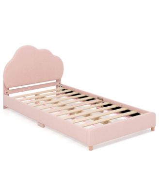 Kids Twin Platform Bed Frame Upholstered Twin Size Bed with Wooden Slats Support
