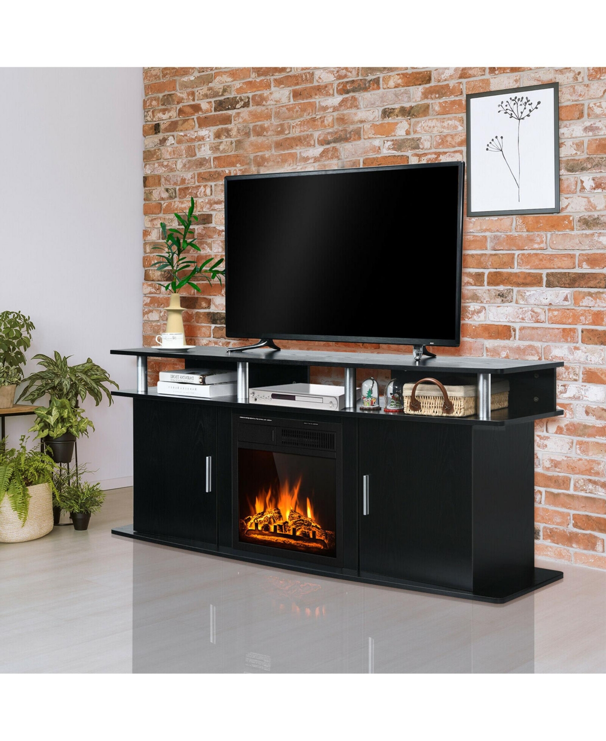 Gymax 63'' Fireplace Tv Stand W/18'' 1500W Electric Fireplace up to 70''- Black