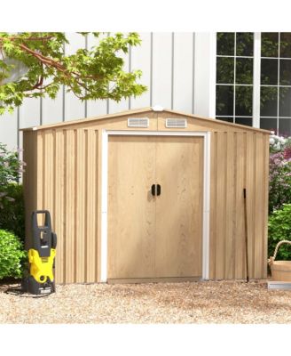8 × 6 FT Outdoor Storage Shed Galvanized Steel Shed with Base Floor Wood Grain