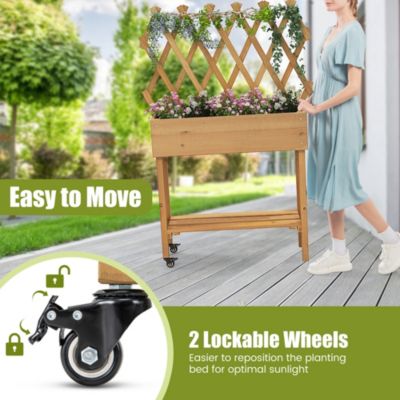 Wood Raised Garden Bed with Trellis Storage Shelf Wheels Liner Drainage Holes
