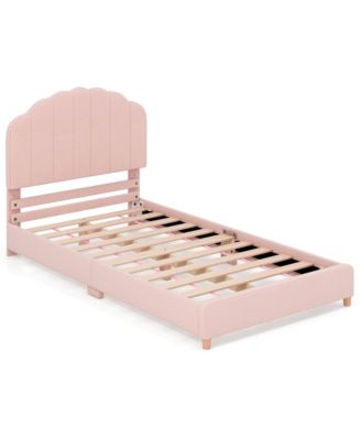 Kids Twin Platform Bed Frame Upholstered Twin Size Bed with Wooden Slats Support