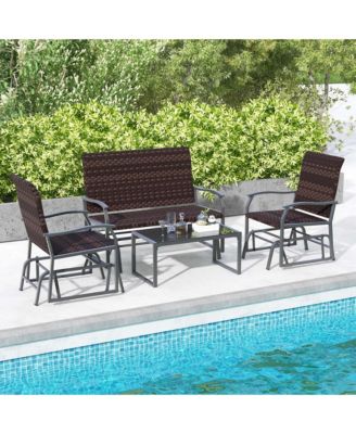 4 Piece Patio Gliding Set with Tempered Glass Coffee Table Quick Dry Foam Poolside