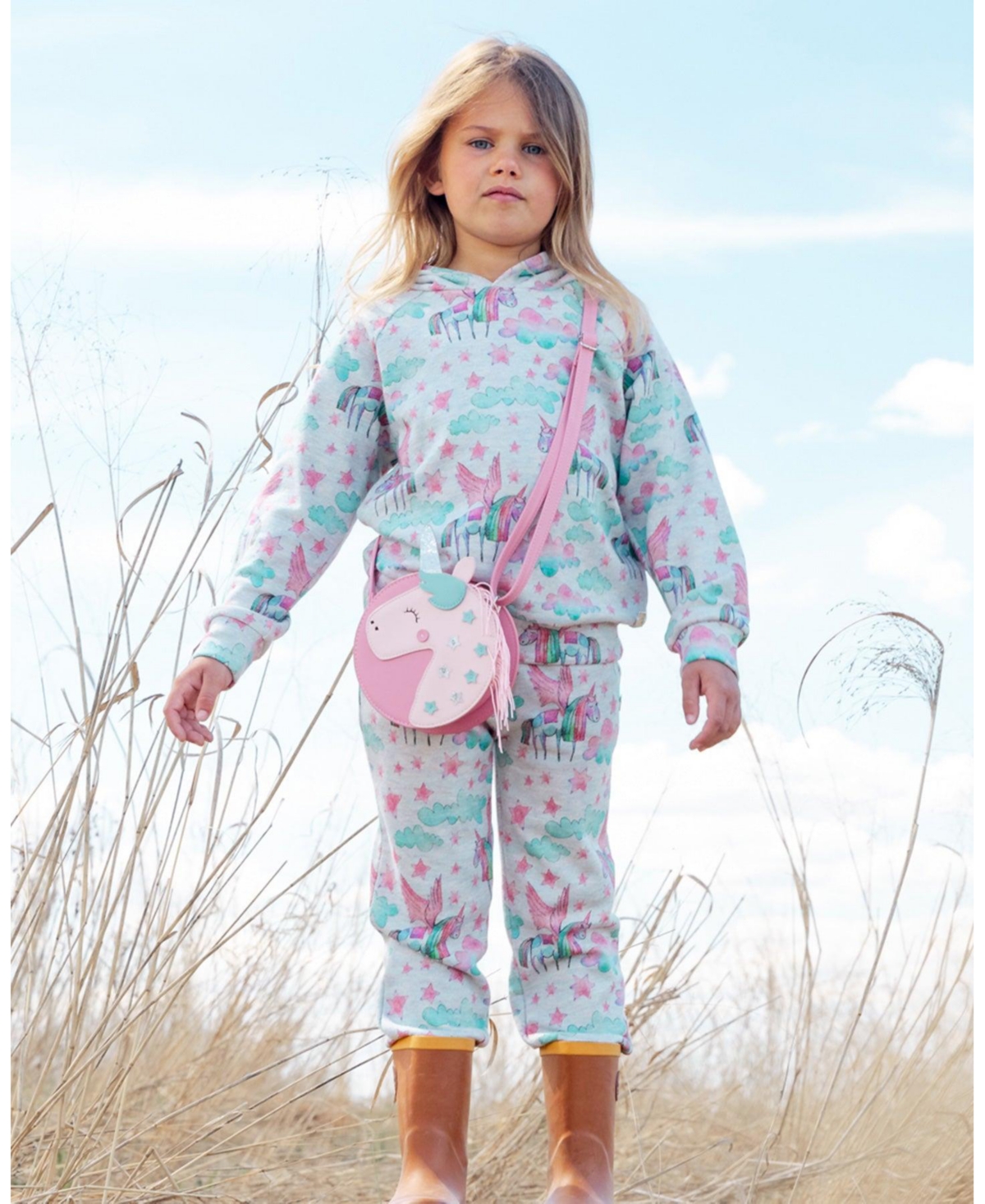 Deux par Deux Big Girls Shiny French Terry Sweatpants- Gray mix printed unicorn