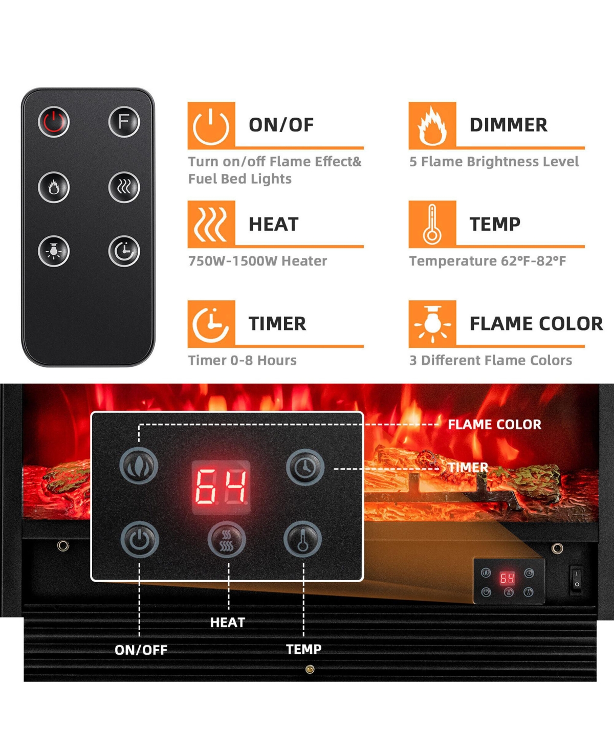 Gymax 70'' Fireplace Tv Stand Media W/ 28.5'' 750W/1500W Electric Fireplace Brown
