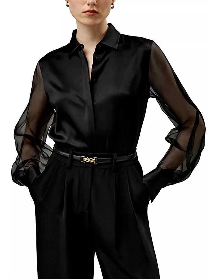 Women's Ethereal Crisp Sheer Sleeves Regular Fit Silk Shirt